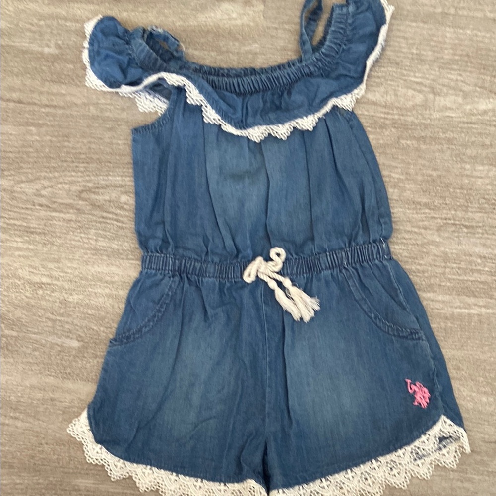 Blue Denim Kids Romper with Lace Trim